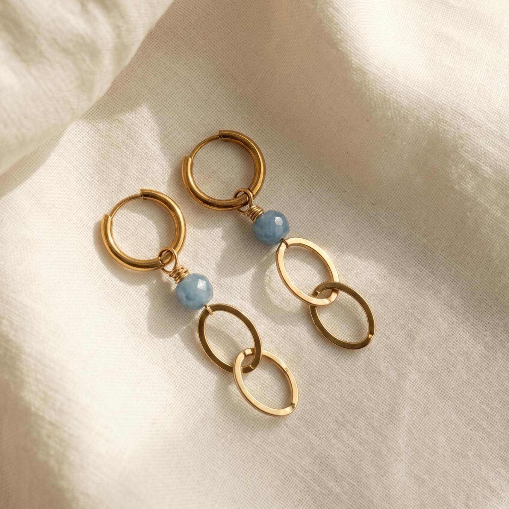 Gold Aquamarine 10mm Huggie Hoop Earrings, Blue Gemstone Minimalist Dangle, Ocean-Inspired Jewelry