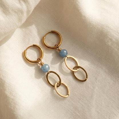 Gold Aquamarine 10mm Huggie Hoop Earrings, Blue Gemstone Minimalist Dangle, Ocean-Inspired Jewelry