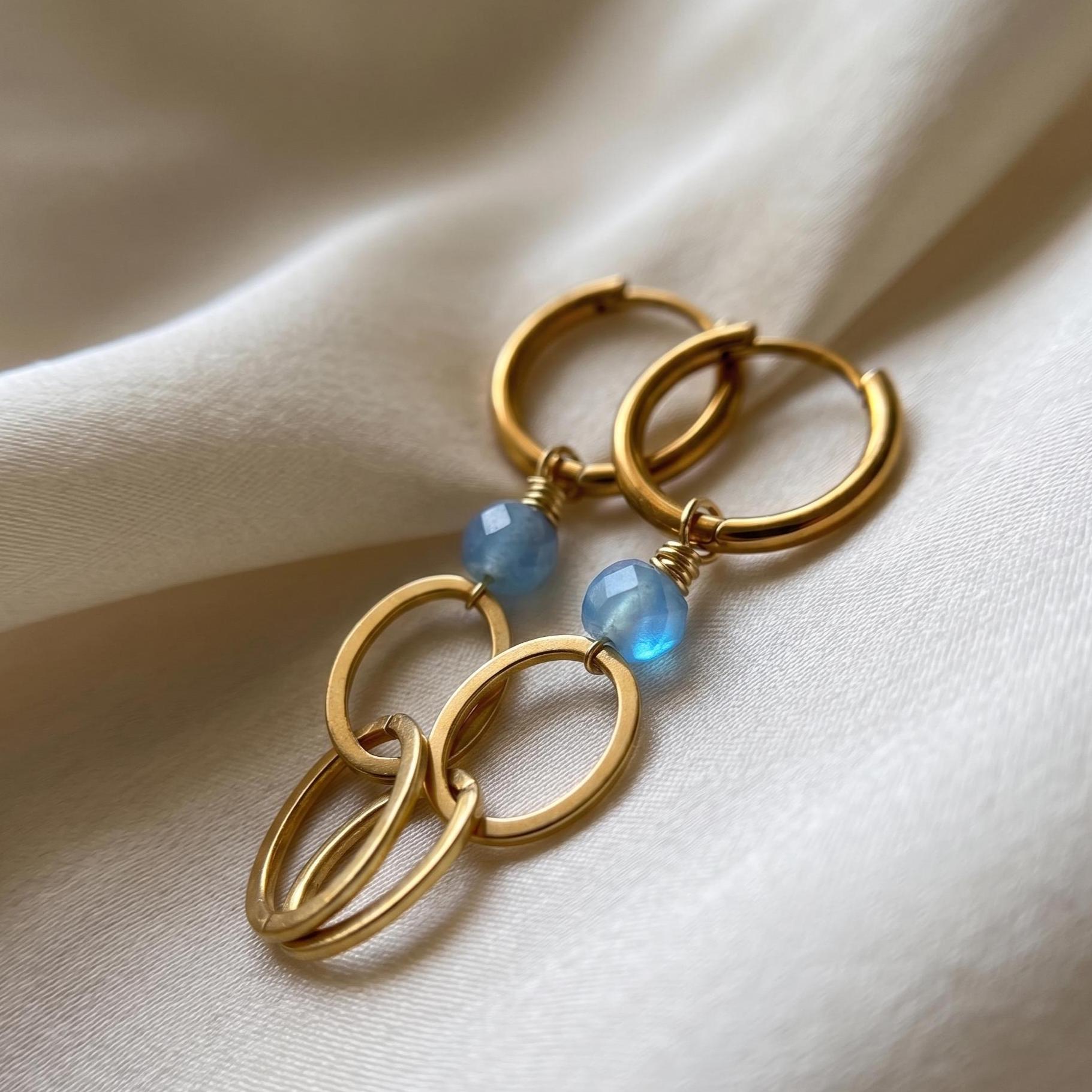 Gold Aquamarine 10mm Huggie Hoop Earrings, Blue Gemstone Minimalist Dangle, Ocean-Inspired Jewelry