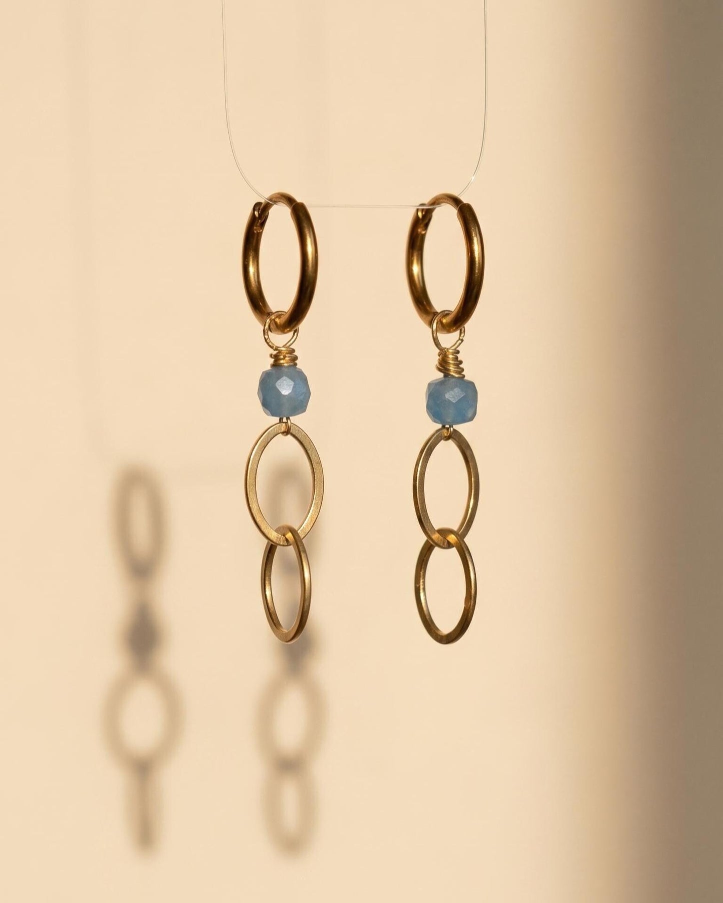 Gold Aquamarine 10mm Huggie Hoop Earrings, Blue Gemstone Minimalist Dangle, Ocean-Inspired Jewelry