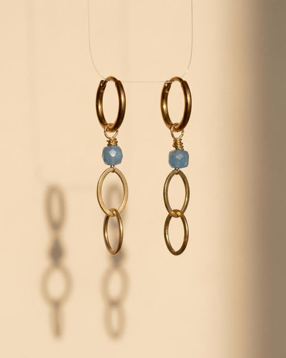 Gold Aquamarine 10mm Huggie Hoop Earrings, Blue Gemstone Minimalist Dangle, Ocean-Inspired Jewelry