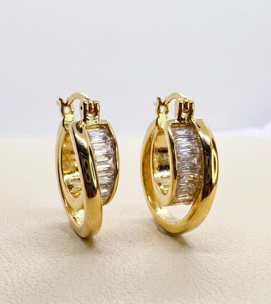 Gold Emerald Cut Crystal Small Hoop Earrings, Minimalist CZ Everyday, Bridal Jewelry
