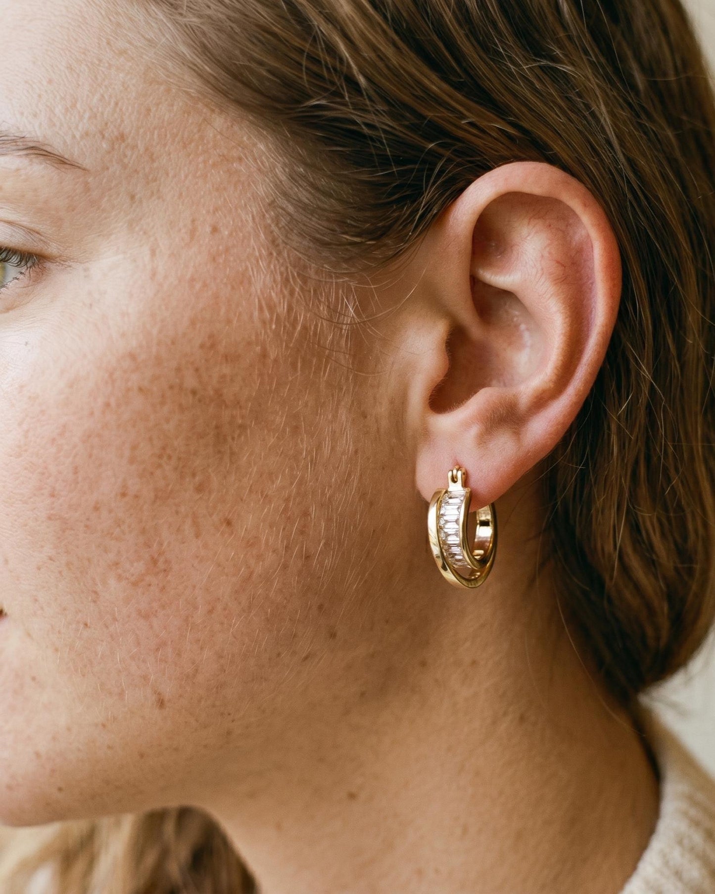 Gold Emerald Cut Crystal Small Hoop Earrings, Minimalist CZ Everyday, Bridal Jewelry