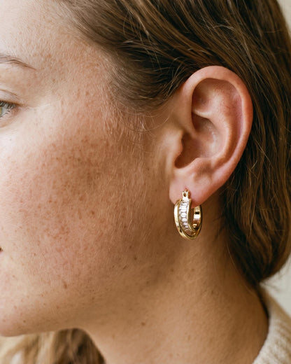 Gold Emerald Cut Crystal Small Hoop Earrings, Minimalist CZ Everyday, Bridal Jewelry