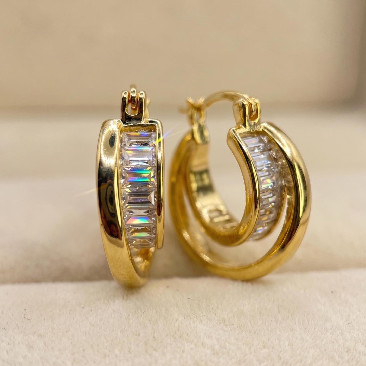 Gold Emerald Cut Crystal Small Hoop Earrings, Minimalist CZ Everyday, Bridal Jewelry