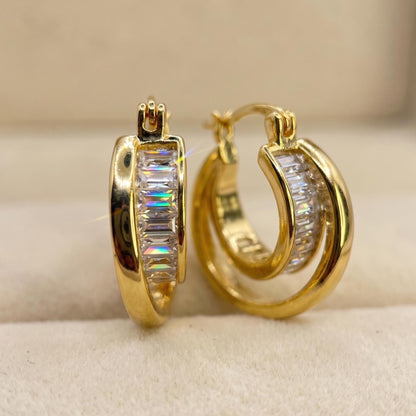 Gold Emerald Cut Crystal Small Hoop Earrings, Minimalist CZ Everyday, Bridal Jewelry