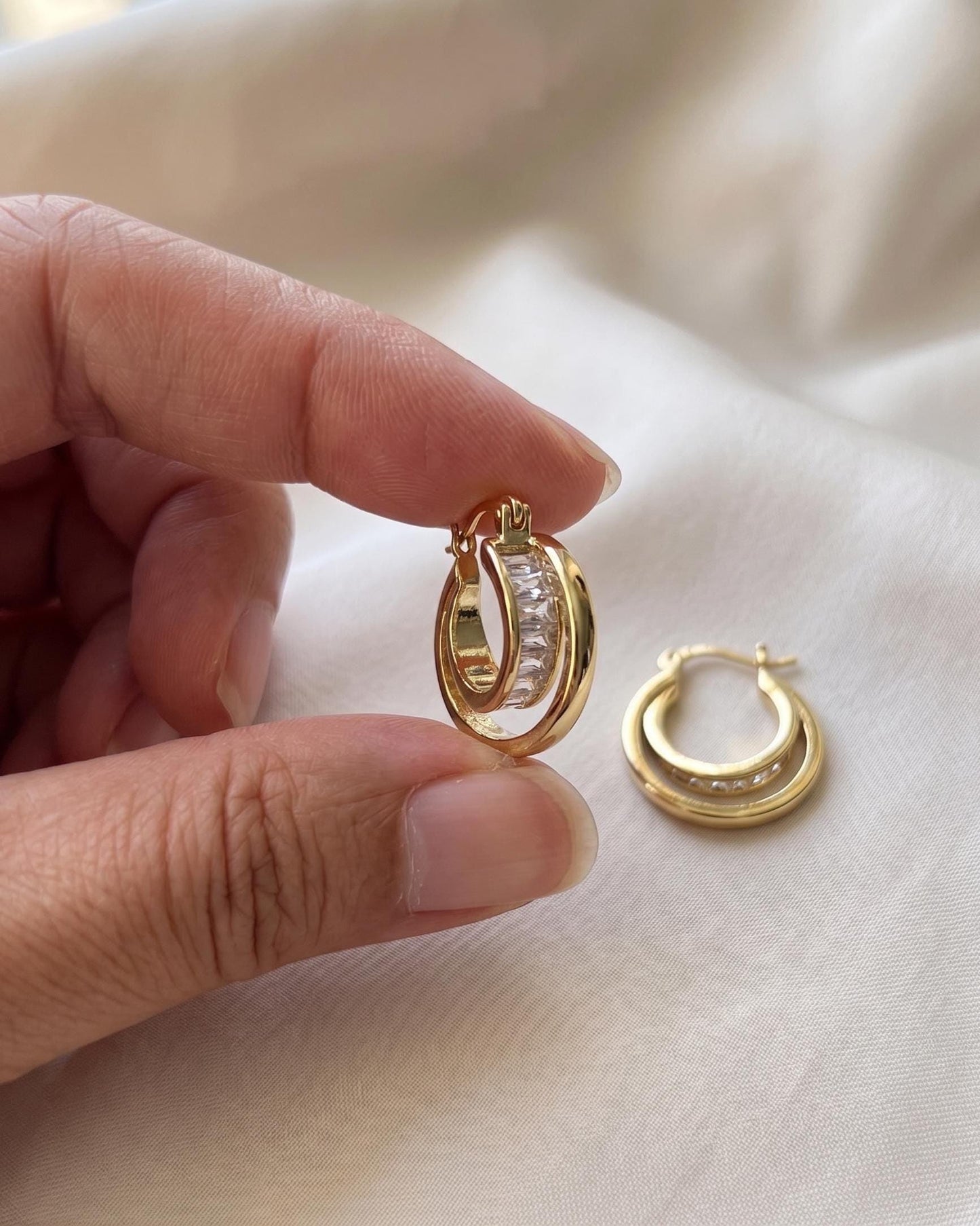Gold Emerald Cut Crystal Small Hoop Earrings, Minimalist CZ Everyday, Bridal Jewelry