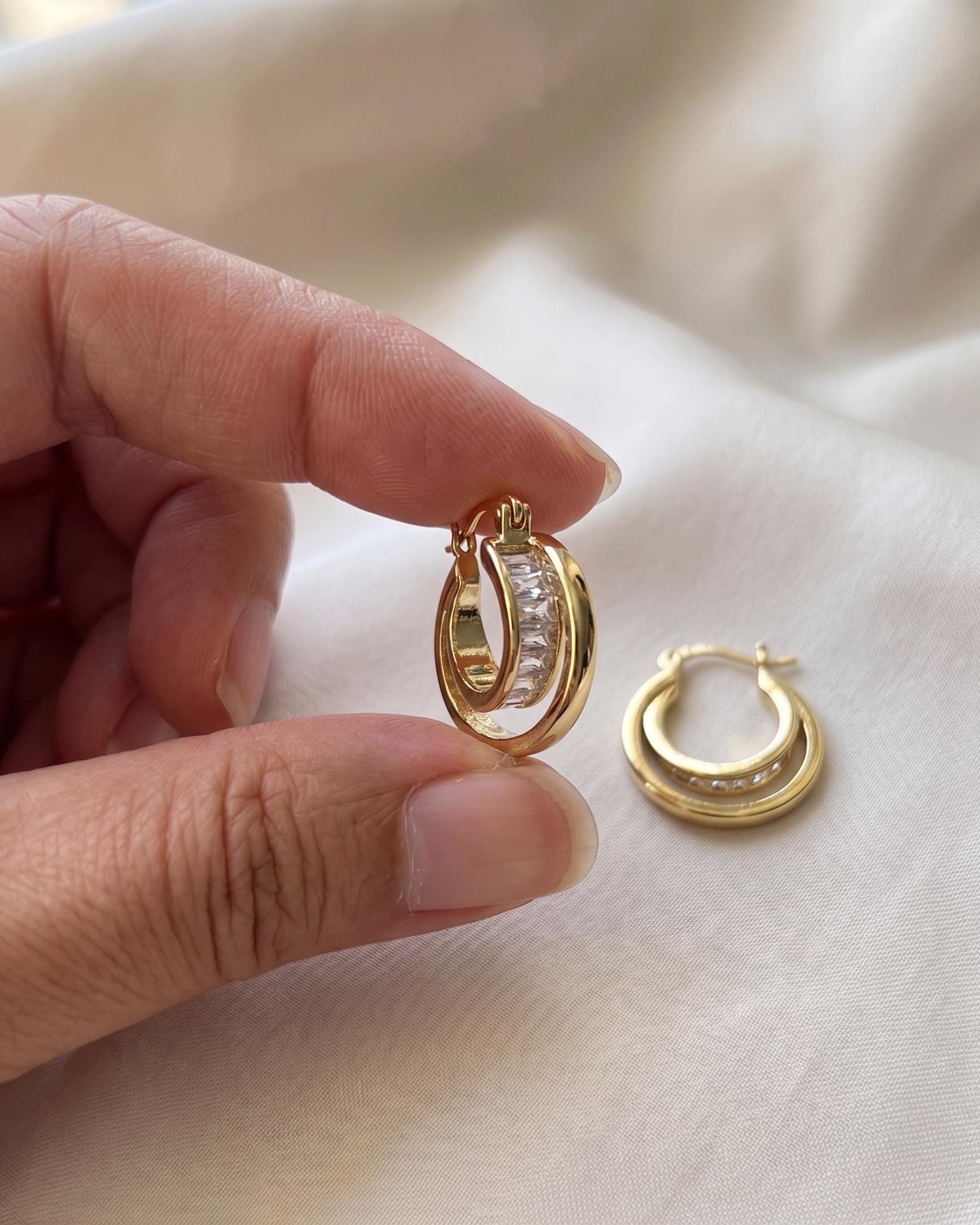 Gold Emerald Cut Crystal Small Hoop Earrings, Minimalist CZ Everyday, Bridal Jewelry