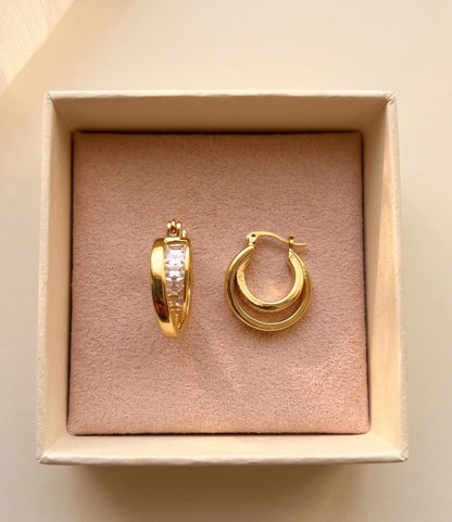 Gold Emerald Cut Crystal Small Hoop Earrings, Minimalist CZ Everyday, Bridal Jewelry