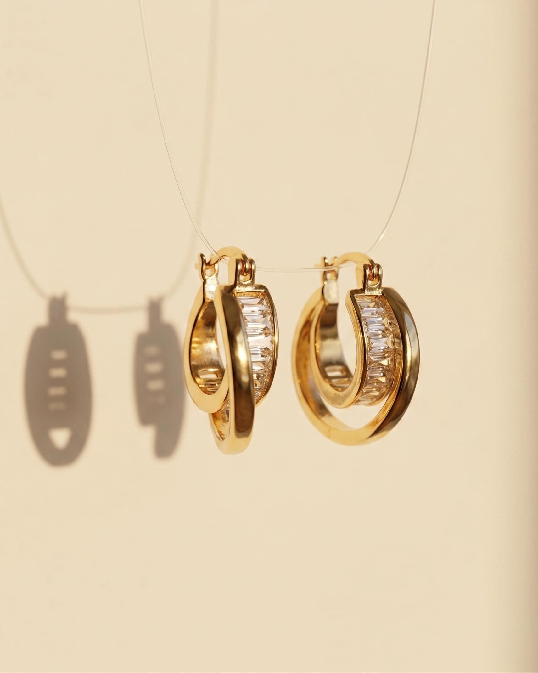 Gold Emerald Cut Crystal Small Hoop Earrings, Minimalist CZ Everyday, Bridal Jewelry