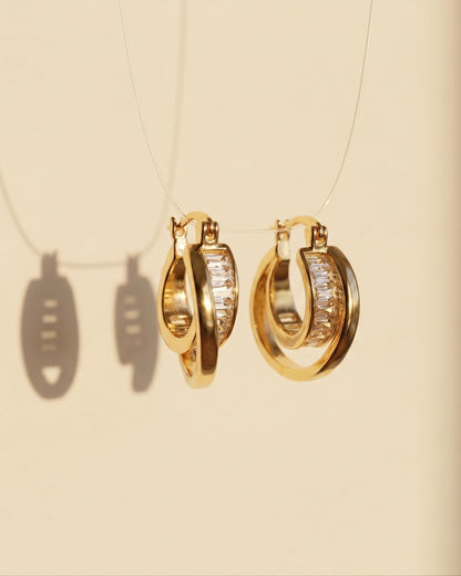 Gold Emerald Cut Crystal Small Hoop Earrings, Minimalist CZ Everyday, Bridal Jewelry