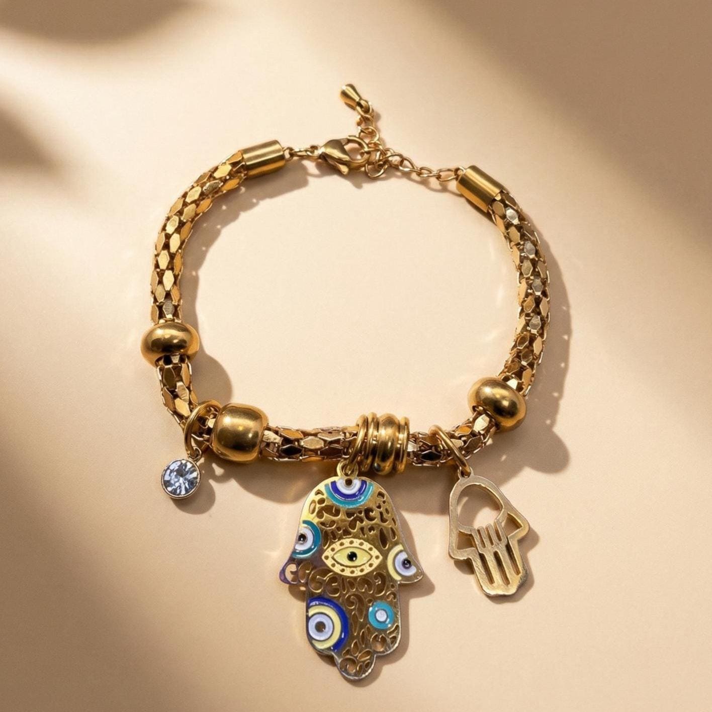 Gold Evil Eye Hamsa Bracelet Chakra Meditation Yoga Protection Spiritual Jewelry Healing Balance