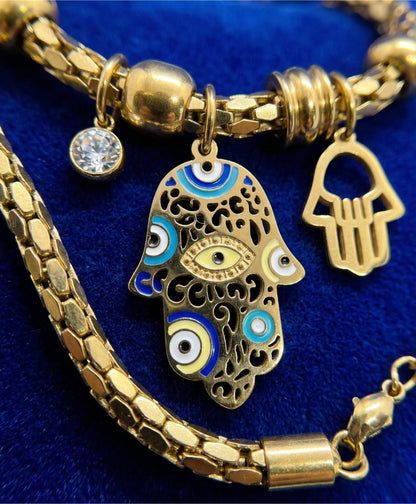 Gold Evil Eye Hamsa Bracelet Chakra Meditation Yoga Protection Spiritual Jewelry Healing Balance