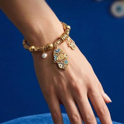Gold Evil Eye Hamsa Bracelet Chakra Meditation Yoga Protection Spiritual Jewelry Healing Balance