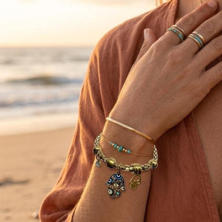 Gold Evil Eye Hamsa Bracelet Chakra Meditation Yoga Protection Spiritual Jewelry Healing Balance