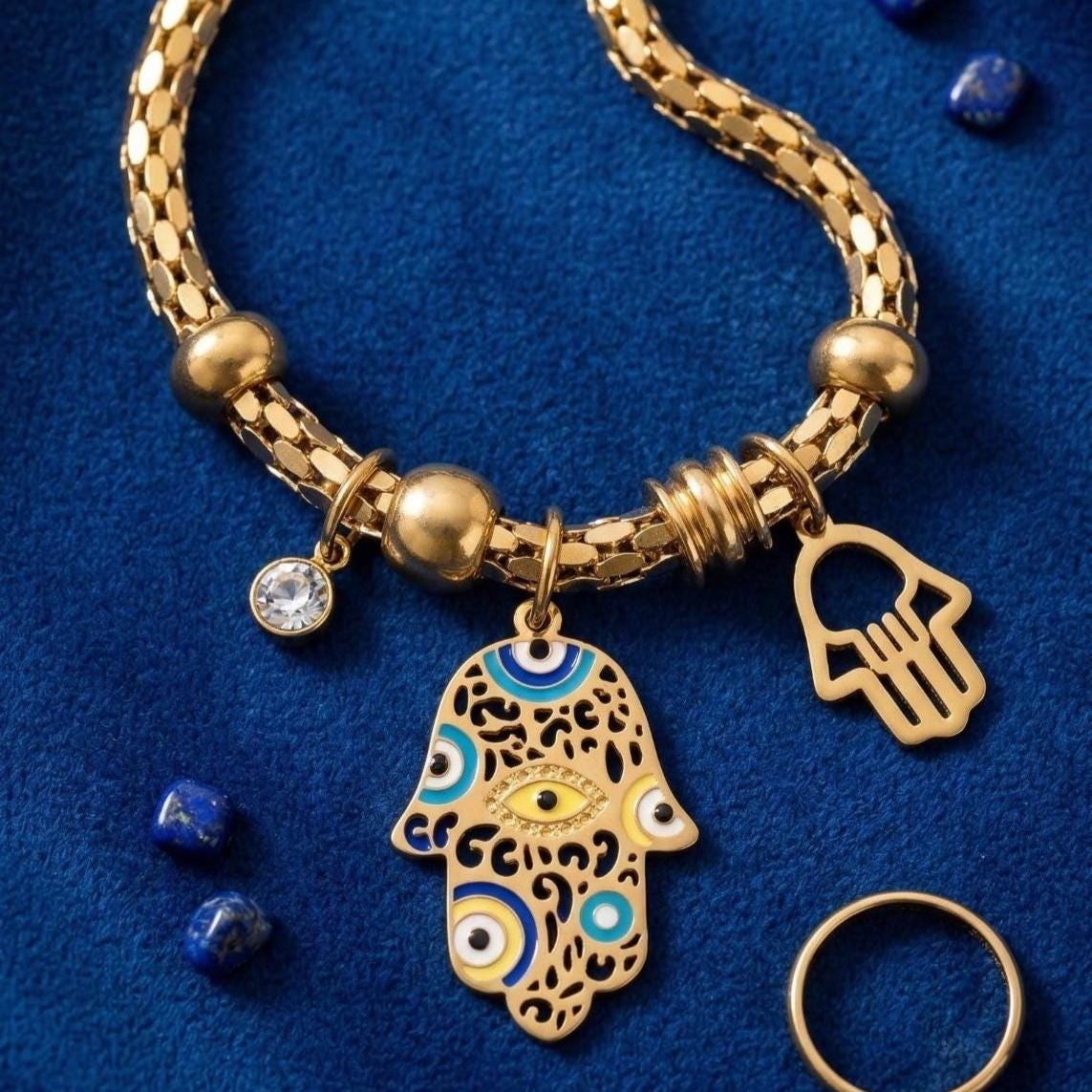 Gold Evil Eye Hamsa Bracelet Chakra Meditation Yoga Protection Spiritual Jewelry Healing Balance