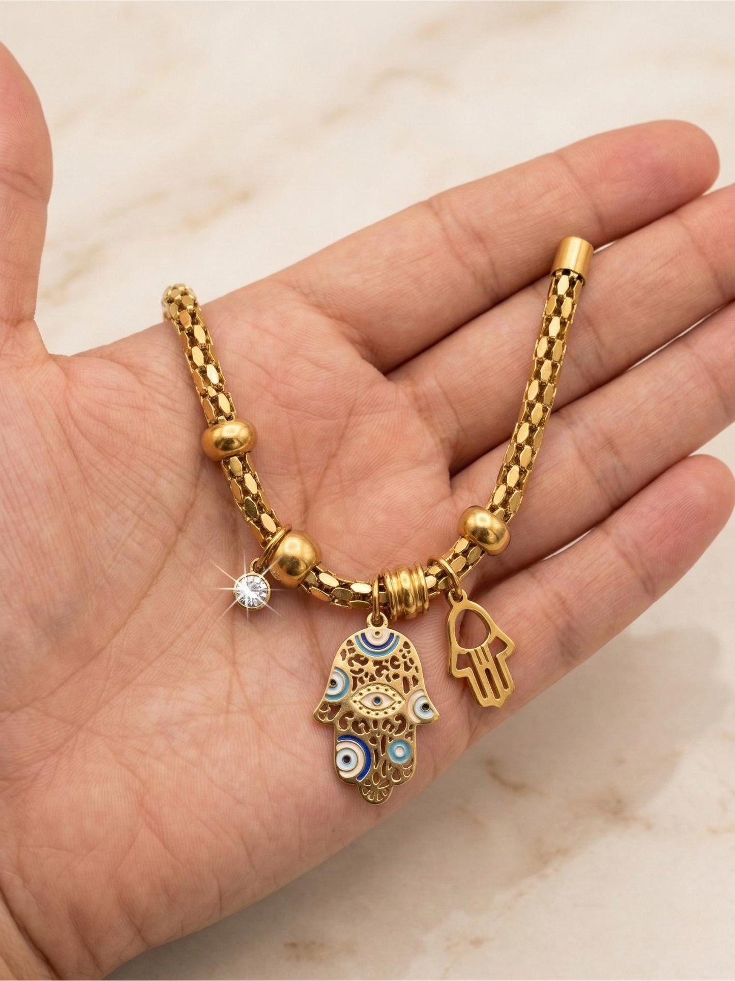 Gold Evil Eye Hamsa Bracelet Chakra Meditation Yoga Protection Spiritual Jewelry Healing Balance