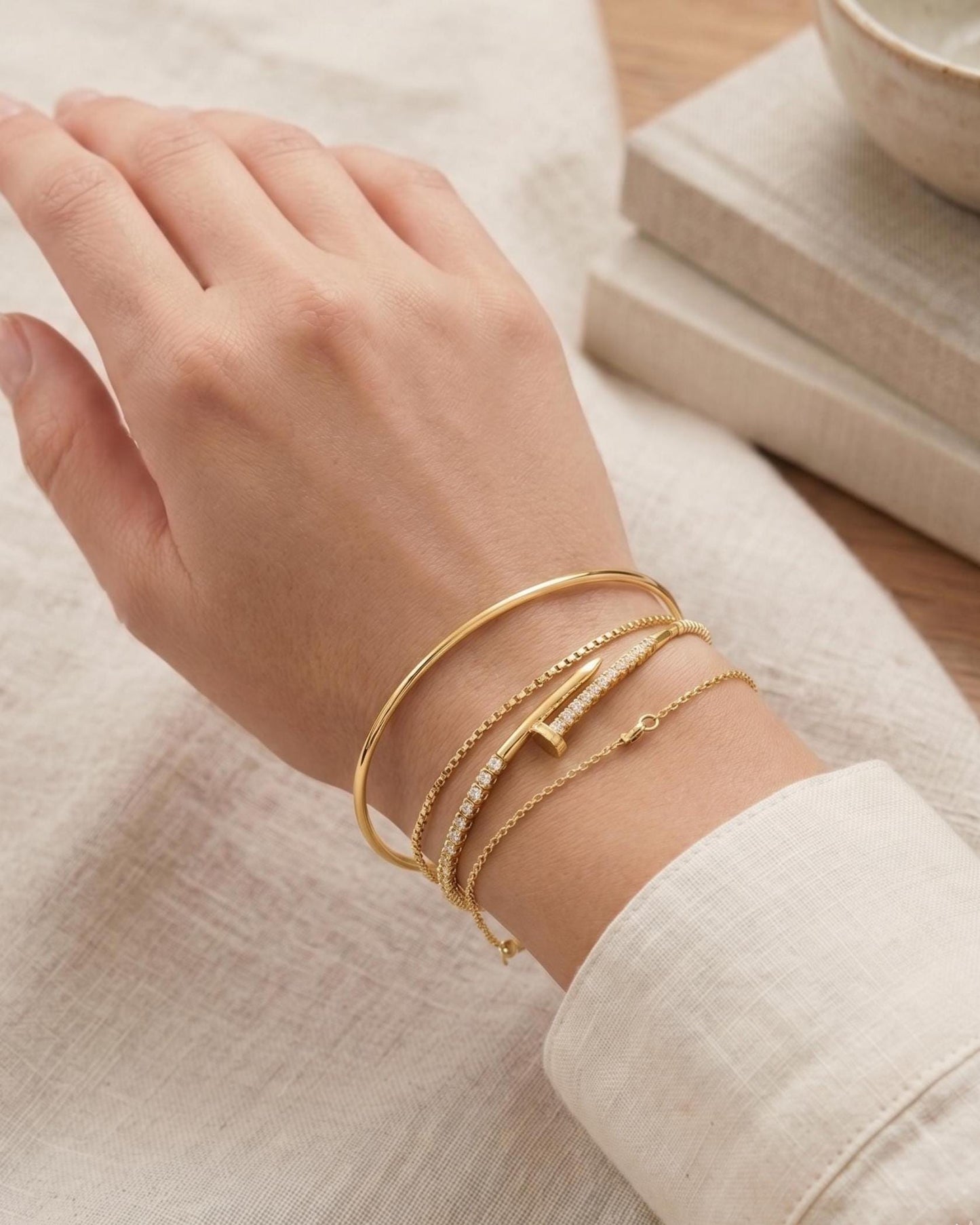 Gold-Filled Crystal Pave Nail Cuff Adjustable Bracelet, Minimalist Modern, Dainty Everyday Jewelry