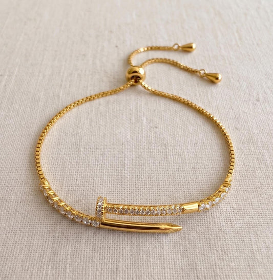Gold-Filled Crystal Pave Nail Cuff Adjustable Bracelet, Minimalist Modern, Dainty Everyday Jewelry