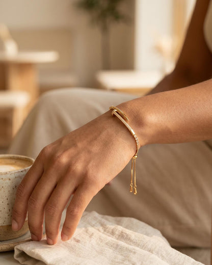 Gold-Filled Crystal Pave Nail Cuff Adjustable Bracelet, Minimalist Modern, Dainty Everyday Jewelry