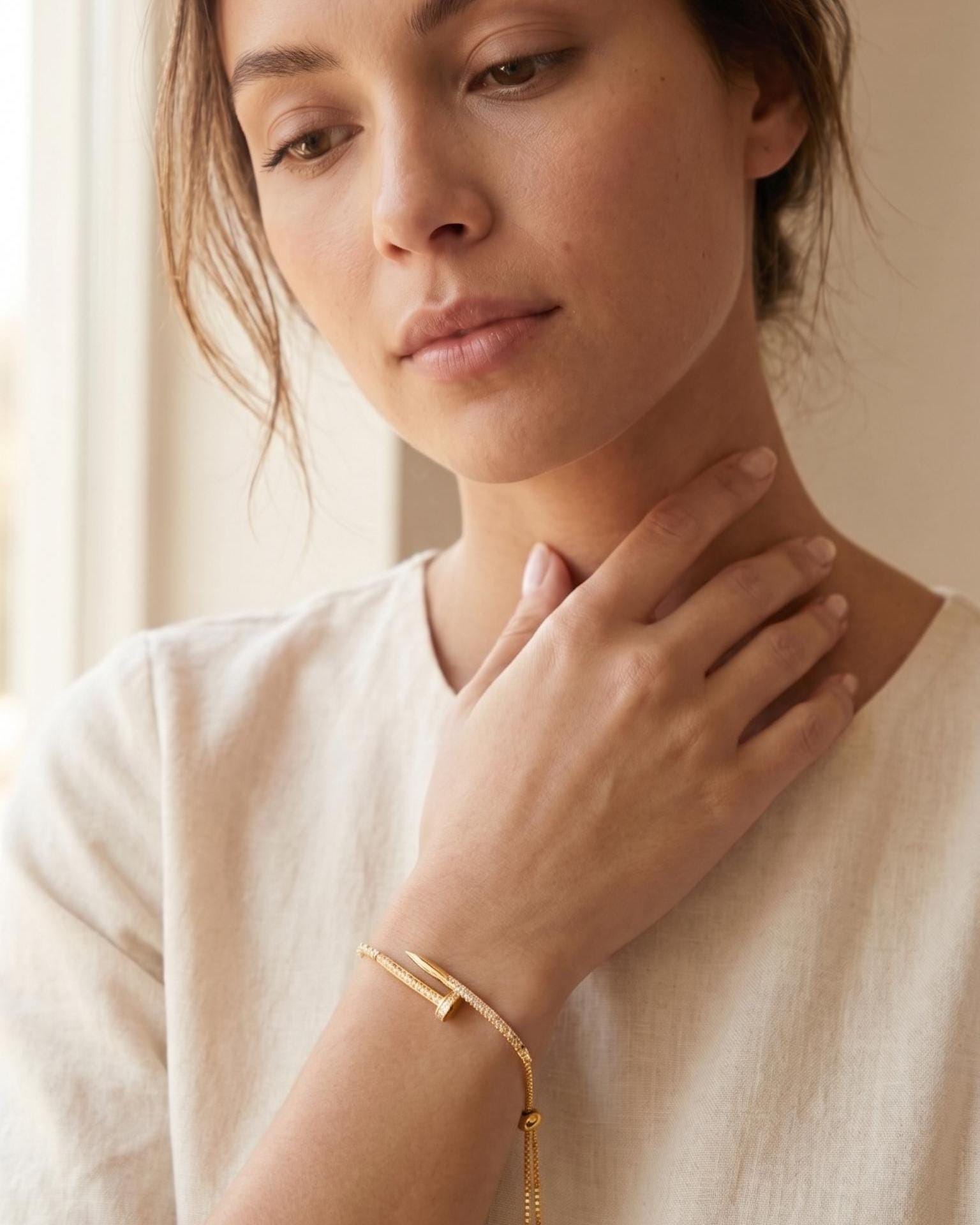 Gold-Filled Crystal Pave Nail Cuff Adjustable Bracelet, Minimalist Modern, Dainty Everyday Jewelry