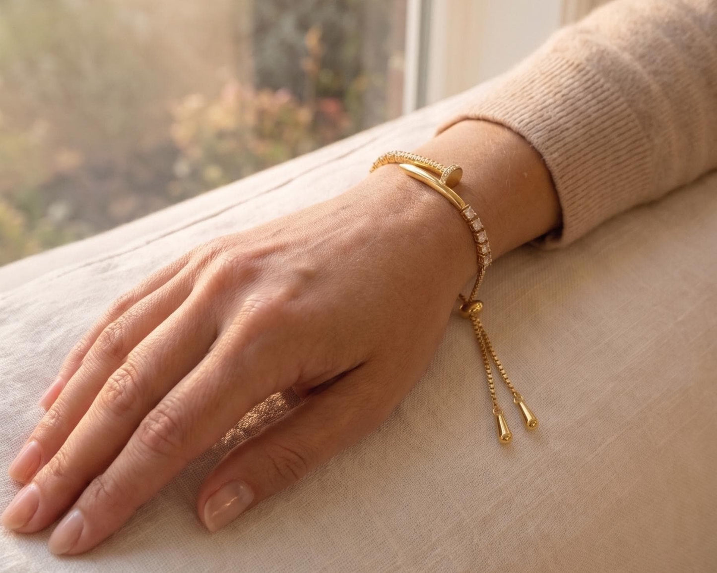 Gold-Filled Crystal Pave Nail Cuff Adjustable Bracelet, Minimalist Modern, Dainty Everyday Jewelry