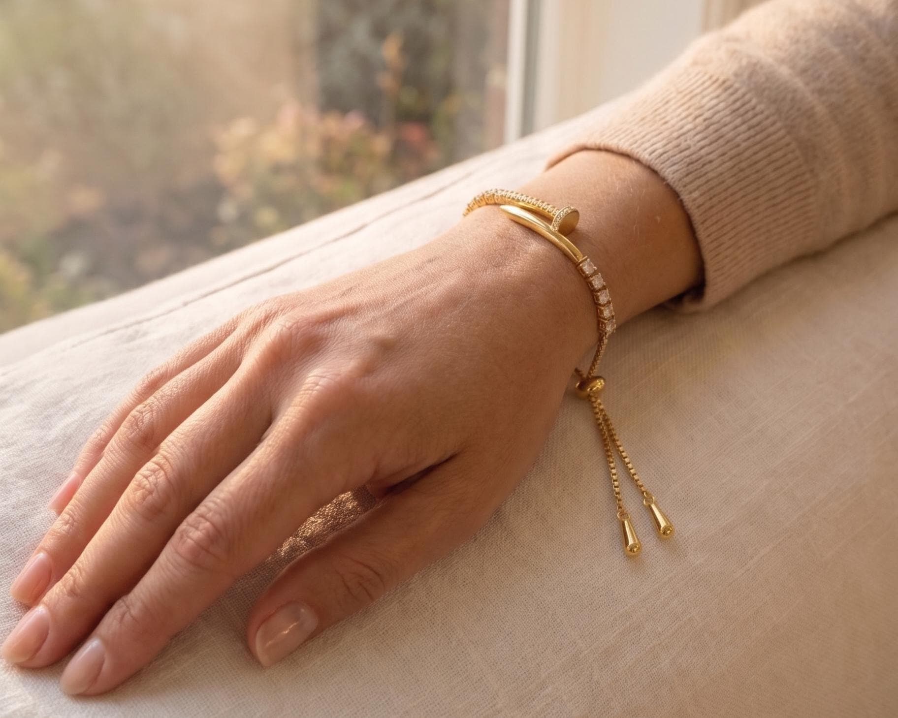 Gold-Filled Crystal Pave Nail Cuff Adjustable Bracelet, Minimalist Modern, Dainty Everyday Jewelry