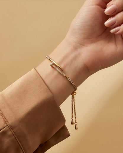 Gold-Filled Crystal Pave Nail Cuff Adjustable Bracelet, Minimalist Modern, Dainty Everyday Jewelry