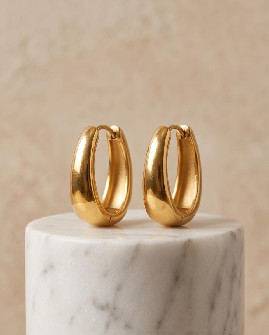 Gold Oval Hoop, 15mm Stainless Steel Huggie Hoops, Minimalist 18k Everyday Jewelry