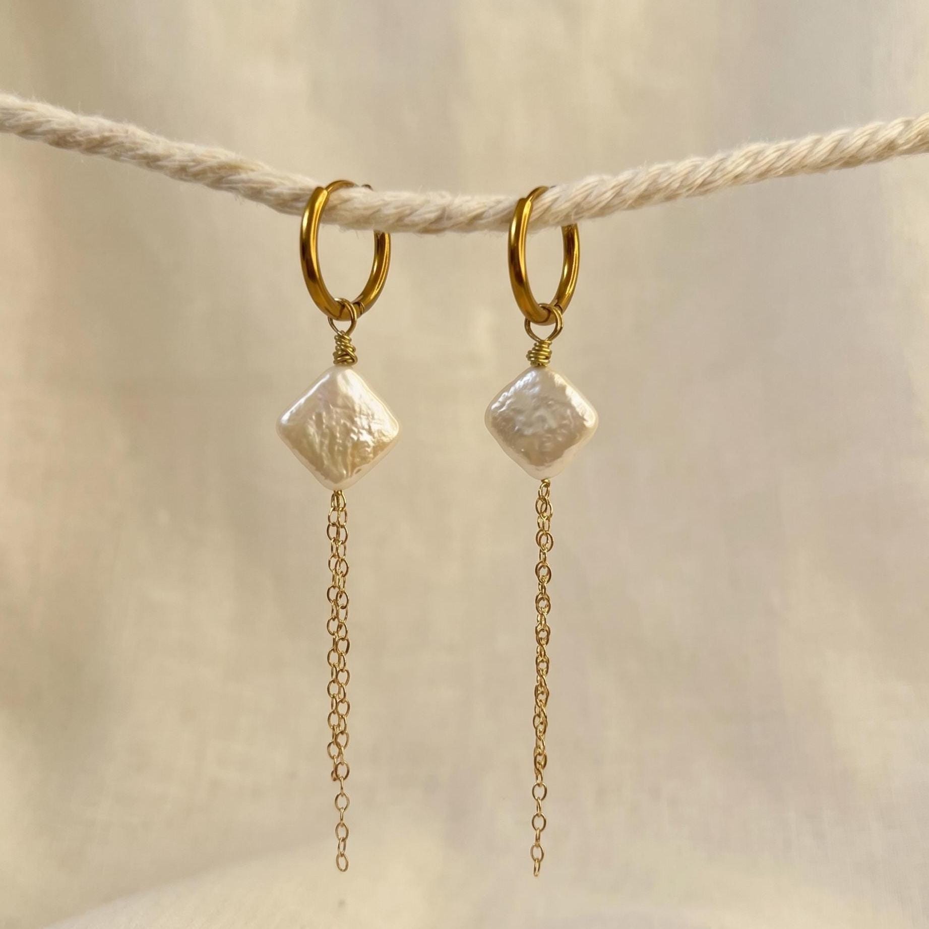 Gold huggie hoop earrings with square pearl and chain dangle, minimalist dainty jewelry