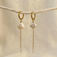 Gold huggie hoop earrings with square pearl and chain dangle, minimalist dainty jewelry