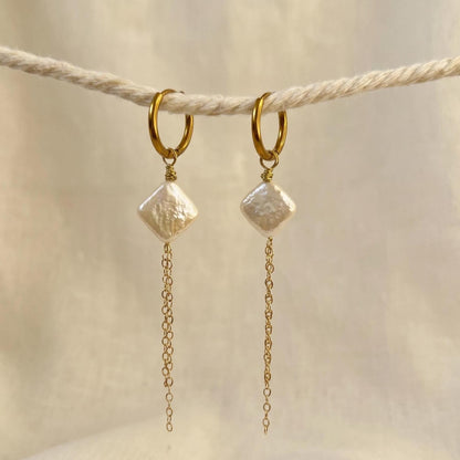 Gold huggie hoop earrings with square pearl and chain dangle, minimalist dainty jewelry