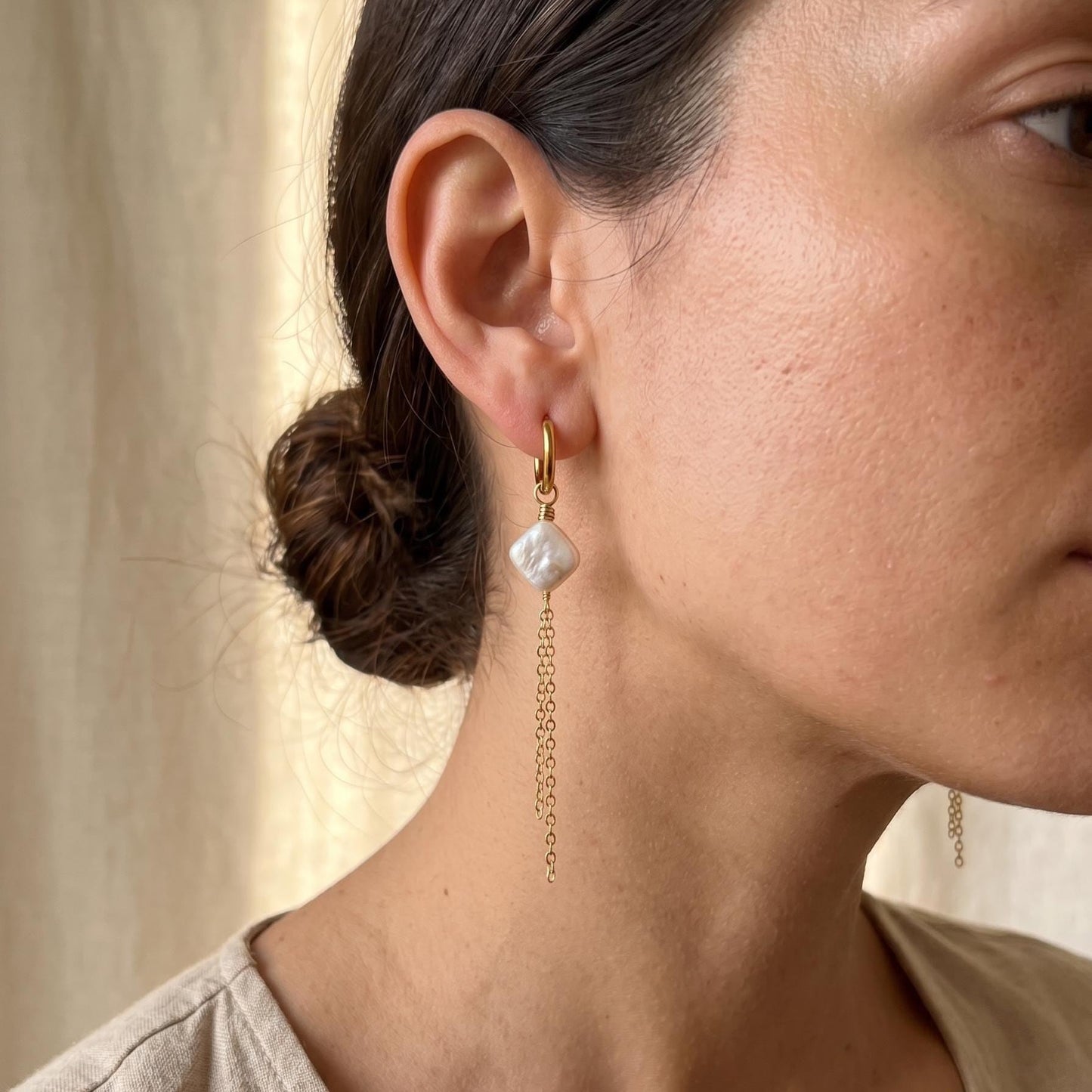 Gold huggie hoop earrings with square pearl and chain dangle, minimalist dainty jewelry