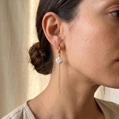 Gold huggie hoop earrings with square pearl and chain dangle, minimalist dainty jewelry