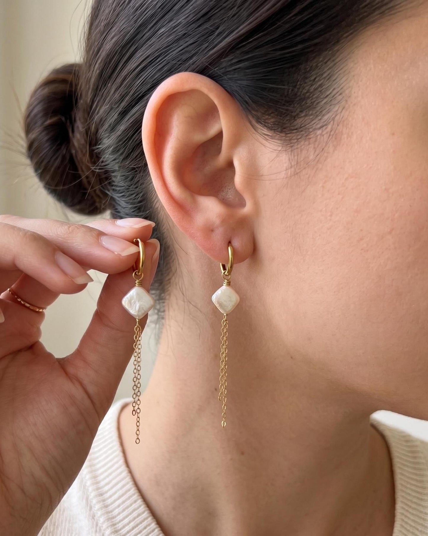 Gold huggie hoop earrings with square pearl and chain dangle, minimalist dainty jewelry