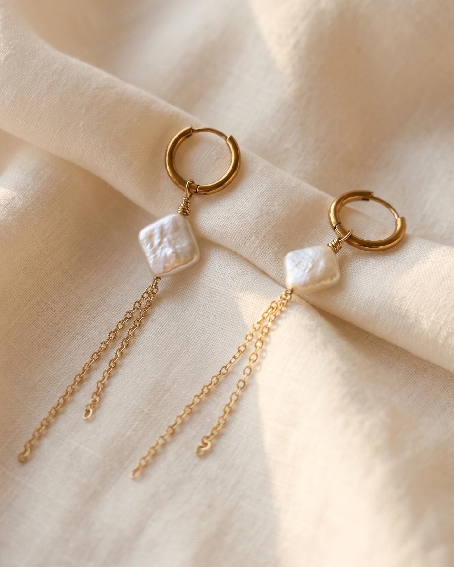 Gold huggie hoop earrings with square pearl and chain dangle, minimalist dainty jewelry