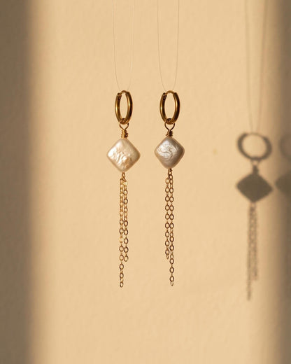 Gold huggie hoop earrings with square pearl and chain dangle, minimalist dainty jewelry