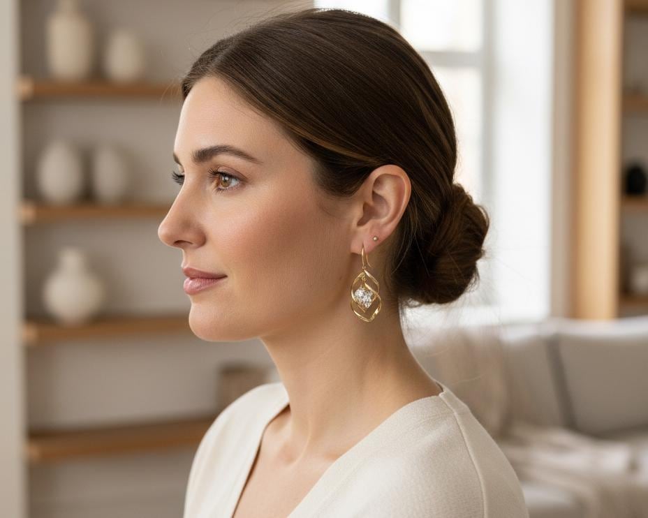 Close-up of faceted CZ crystal centerpiece set in gold-tone twisted metal frame earring