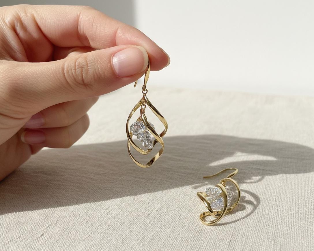 Gold drop earrings on model ear showing lightweight fit and elegant 5cm drop silhouette