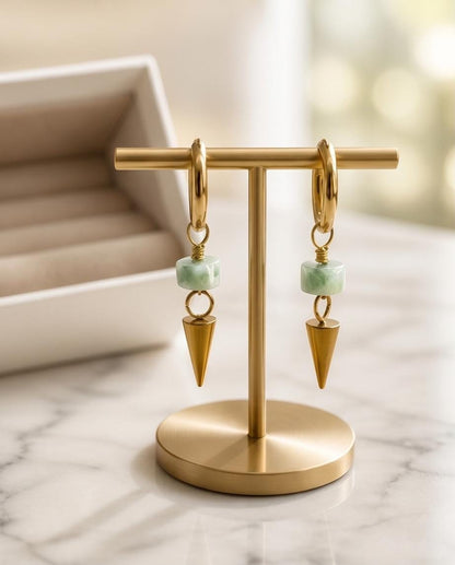 Green Moonstone Spike Drop Gold 10mm Huggie Hoop Stainless Steel Earrings