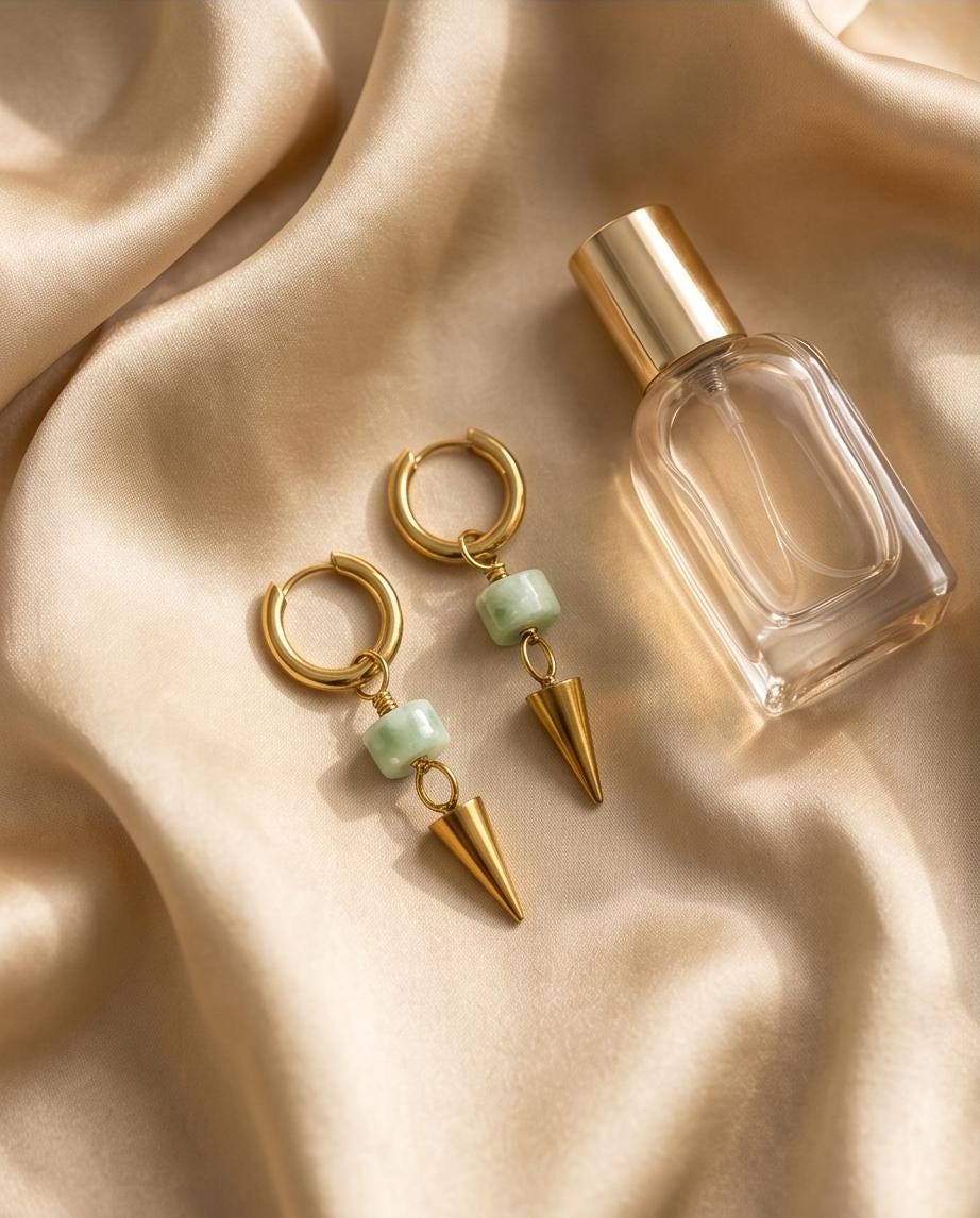 Green Moonstone Spike Drop Gold 10mm Huggie Hoop Stainless Steel Earrings