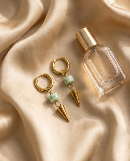 Green Moonstone Spike Drop Gold 10mm Huggie Hoop Stainless Steel Earrings