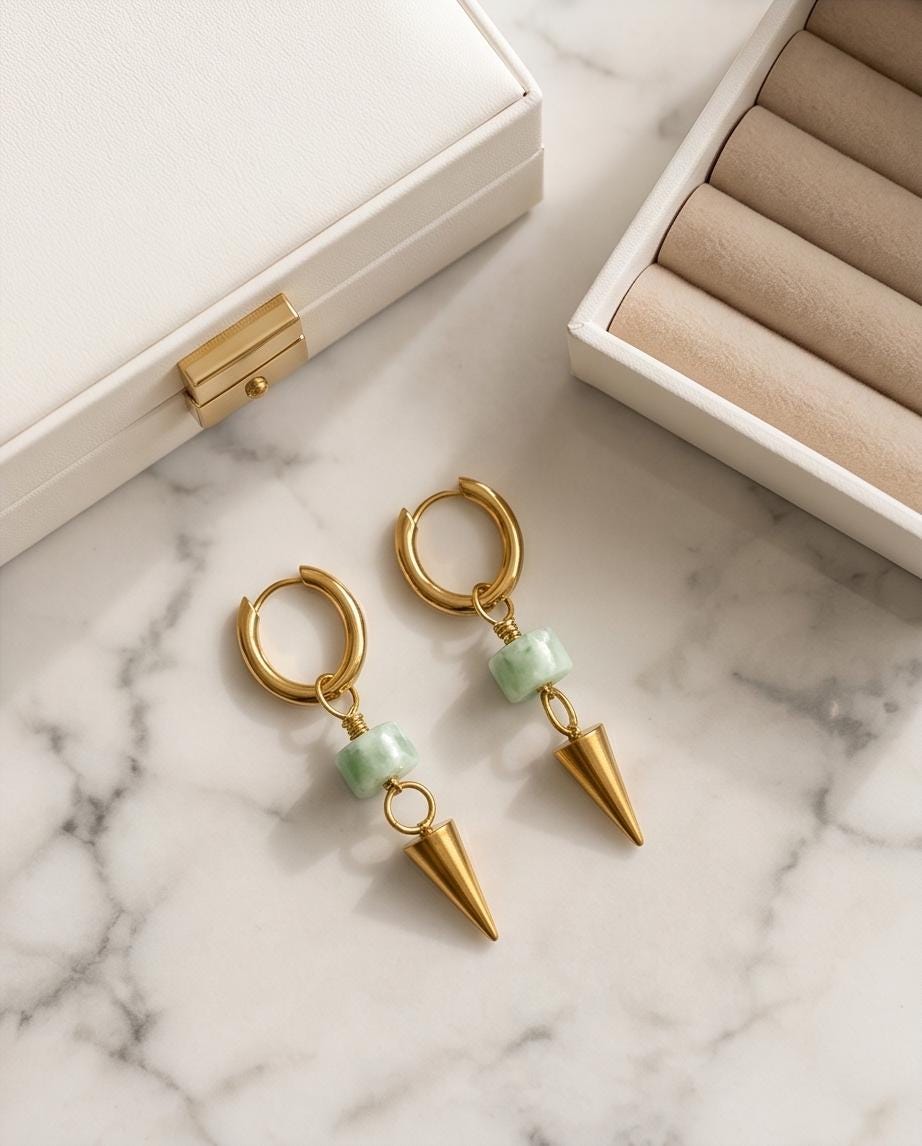 Green Moonstone Spike Drop Gold 10mm Huggie Hoop Stainless Steel Earrings