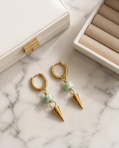 Green Moonstone Spike Drop Gold 10mm Huggie Hoop Stainless Steel Earrings