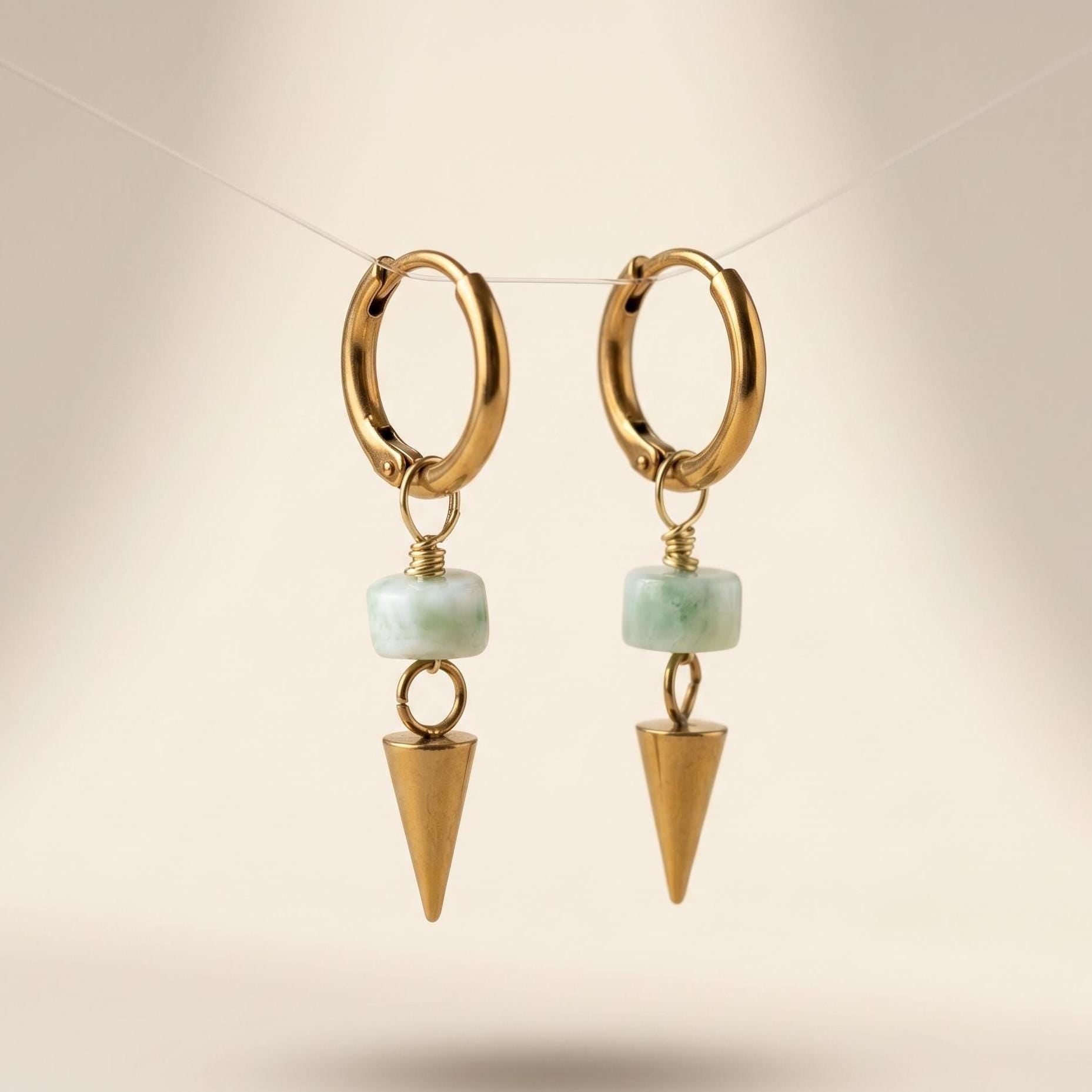 Green Moonstone Spike Drop Gold 10mm Huggie Hoop Stainless Steel Earrings