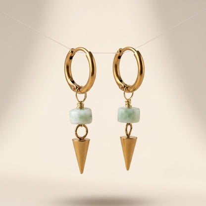 Green Moonstone Spike Drop Gold 10mm Huggie Hoop Stainless Steel Earrings