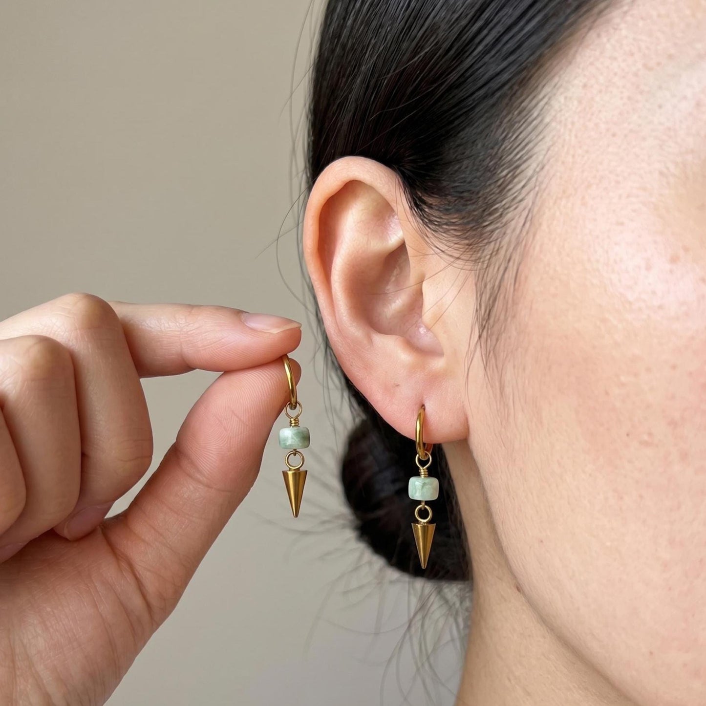 Green Moonstone Spike Drop Gold 10mm Huggie Hoop Stainless Steel Earrings