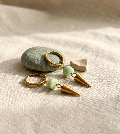 Green Moonstone Spike Drop Gold 10mm Huggie Hoop Stainless Steel Earrings