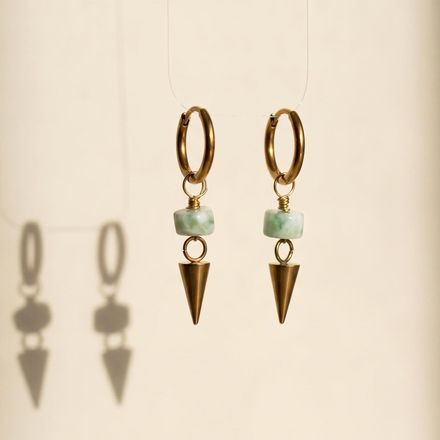 Green Moonstone Spike Drop Gold 10mm Huggie Hoop Stainless Steel Earrings