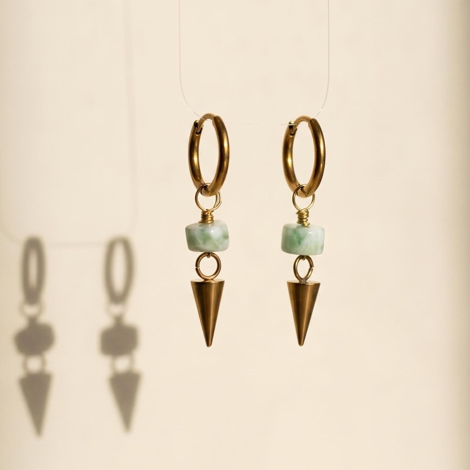 Green Moonstone Spike Drop Gold 10mm Huggie Hoop Stainless Steel Earrings